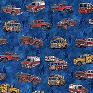 New! "American Heroes Firefighter" Firetrucks, Fireman Fabric•100% Cotton•1/4, 1/2, 1 yd x 44"•Royal Blue•By Dan Morris•Cust Fav! Fast Ship!