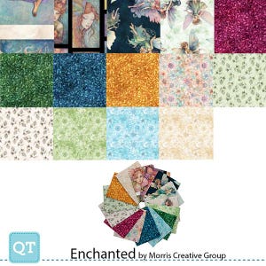 May include: A collection of 16 fabric squares featuring a variety of patterns, including floral, geometric, and abstract designs. The fabrics are in shades of green, blue, yellow, white, and pink. The fabric squares are arranged in a grid pattern. The text "Enchanted by Morris Creative Group" is printed below the fabric squares.