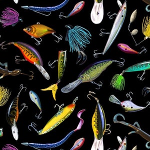 Novidades! Iscas de pesca &quot;Tight Lines&quot;, tecido de pesca! 100% algodão • 1/4, 1/2, 1 jarda x 44&quot;! Preto/Multicolorido • Por Elizabeth&#39;s Studio! Favorito do cliente! Envio rápido