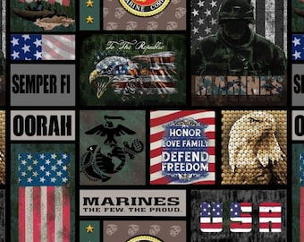 New! US Military, Marines, Patriotic Fabric! 100% Cotton. 1/4, 1/2, or 1 yd x 44"! Licensed,By Sykel! Customer Fav! Lots in Stock!Fast Ship!