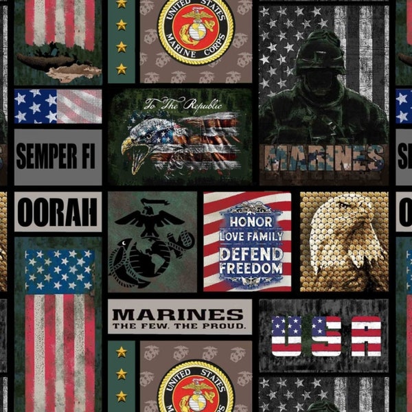 New! US Military, Marines, Patriotic Fabric! 100% Cotton. 1/4, 1/2, or 1 yd x 44"! Licensed,By Skyel! Customer Fav! Lots in Stock, Fast Ship