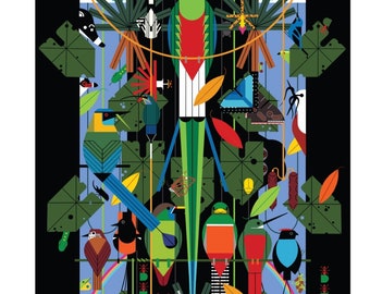 New! Charley Harper &quot;Monteverde Habitat&quot; Monteverde Main Poster Fabric Panel 100% Organic Cotton! 1 yd x 44&quot;!Gorgeous Panel! Fast Ship!