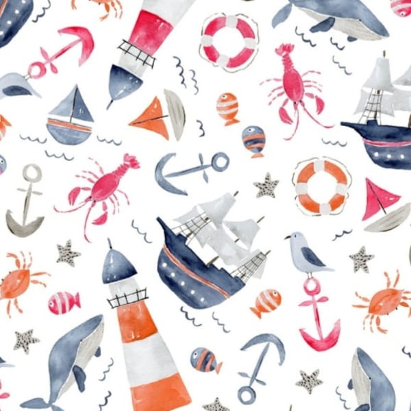 New! "Ahoy Baby" Nautical Toss, Nautical Fabric! 100% Cotton. 1/4, 1/2, or 1 yd x 45"! White/Multi By P & B Textiles•Same Day Ship!