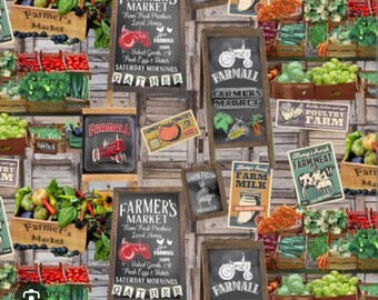 New! "Farm To Table" Farmall, Farmers Market,  Farm Fabric! 100% Cotton•1/4, 1/2, 1yd  x 44"! Multi•So Cute! Fast Ship!