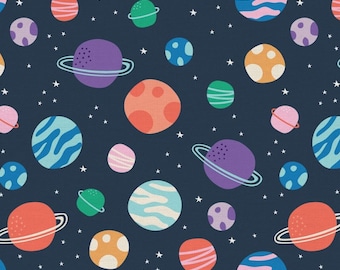 Novità! Tessuto "Robots In Orbit" per planetario, pianeti, spazio, sistema solare! 100% cotone 1/4, 1/2, 1 iarda x 44"•Paintbrush Studio•Spedizione veloce!