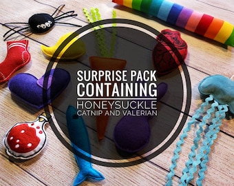 ASSORTED Cat Toy Surprise Pack - Contains catnip,  valerian, honeysuckle and teaser wands.