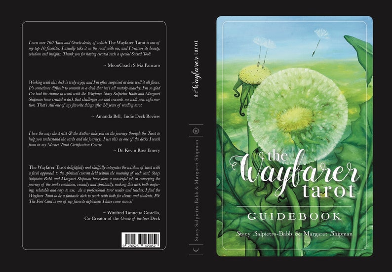 May include: The Wayfarer Tarot guidebook features a black cover with a painting of a large green dandelion on the front. The title is written in white script. The back cover includes testimonials and a barcode. The spine lists the authors.