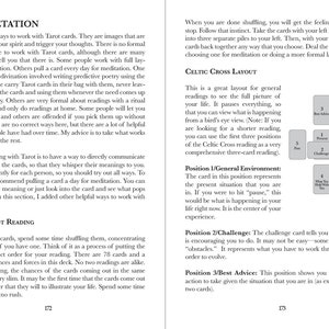 May include: A book page with the title "INTERPRETATION" and text about Tarot cards. The page includes information on how to work with the cards, including the Celtic Cross layout, and the meaning of each position.