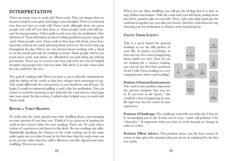 May include: A book page with the title "INTERPRETATION" and text about Tarot cards. The page includes information on how to work with the cards, including the Celtic Cross layout, and the meaning of each position.