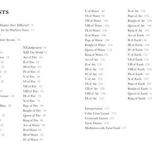 May include: A black and white table of contents page for The Wayfarer Tarot book. The text lists sections including Our Story, Author's Note, and a detailed index of Major and Minor Arcana cards, ranging from The Fool to King of Earth.