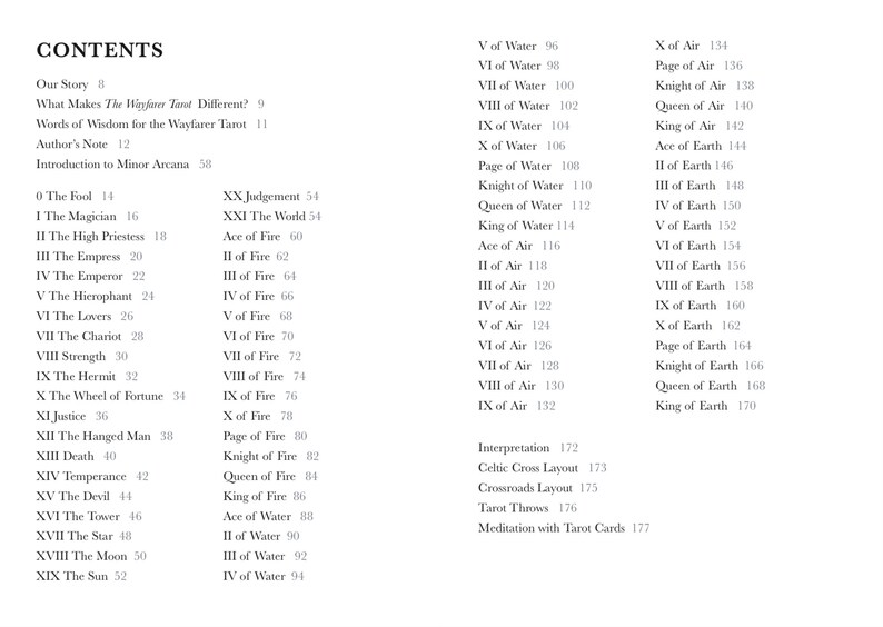 May include: A black and white table of contents page for The Wayfarer Tarot book. The text lists sections including Our Story, Author's Note, and a detailed index of Major and Minor Arcana cards, ranging from The Fool to King of Earth.