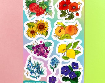 以下が含まれることがあります： 様々な果物と花のイラストが描かれた、カラフルなステッカーシート。イチゴ、ポピー、ヒマワリ、桃、ブドウ、レモン、ルピナス、アジサイ、スミレのステッカーが含まれています。「CARDINAL CUSACK @CARDINALCROWNS」の文字が下部にあります。