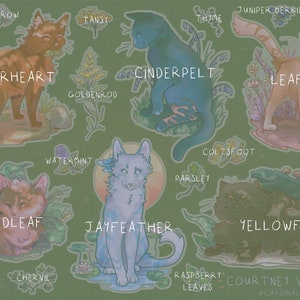 May include: A digital illustration featuring several cats with botanical elements. Each cat is labeled with a name, such as Alderheart, Cinderpelt, and Leafpool. The artwork includes text and is set against a green background.