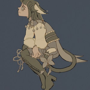 K&ouml;nnte beinhalten: Illustration einer sitzenden Figur mit katzenartigen Ohren und einem Schwanz, die eine cremefarbene Bluse mit Puff&auml;rmeln und einem dekorativen Kragen tr&auml;gt. Die Figur tr&auml;gt au&szlig;erdem eine dunkelgraue Weste, Stiefel und Leggings. Eine gro&szlig;e Schleife ziert die Stiefel.