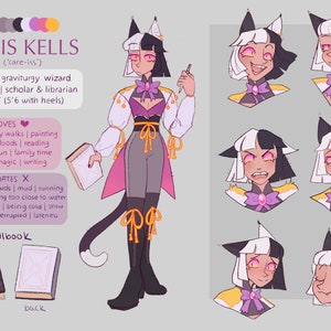K&ouml;nnte beinhalten: Digitale Illustration von Karis Kells, einem Tabaxi-Graviturgie-Zauberer. Die Figur ist in einem wei&szlig;en, lila und grauen Outfit dargestellt und h&auml;lt ein Buch und einen Stift. Das Bild enth&auml;lt verschiedene Gesichtsausdr&uuml;cke und ein Zauberbuch.