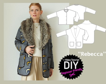 Modern oversized winter jacket "Rebecca" midlength or short with different collar options PDF sewing pattern size US 4-26