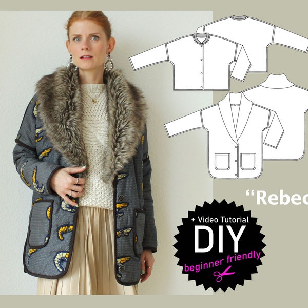 Modern oversized winter jacket "Rebecca" midlength or short with different collar options PDF sewing pattern size US 4-26