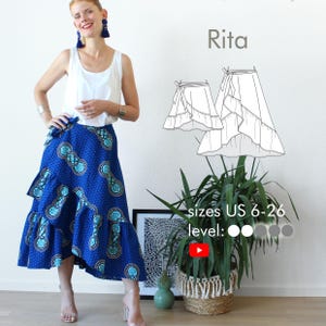 Flowing wrap skirt with ruffle &quot;Rita&quot; long or short with pockets digital pdf sewing pattern size US 6-26