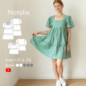 Kleid oder Top nähen mit viereckigem Ausschnitt, Puffärmeln, gerafftem Rock und Taschen PDF Schnittmuster digital Gr. 34-54