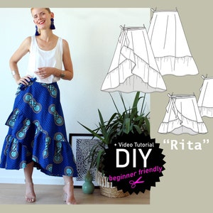 Flowing wrap skirt with ruffle "Rita" long or short with pockets digital pdf sewing pattern size US 6-26