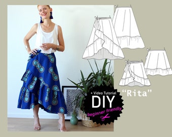 Flowing wrap skirt with ruffle "Rita" long or short with pockets digital pdf sewing pattern size US 6-26