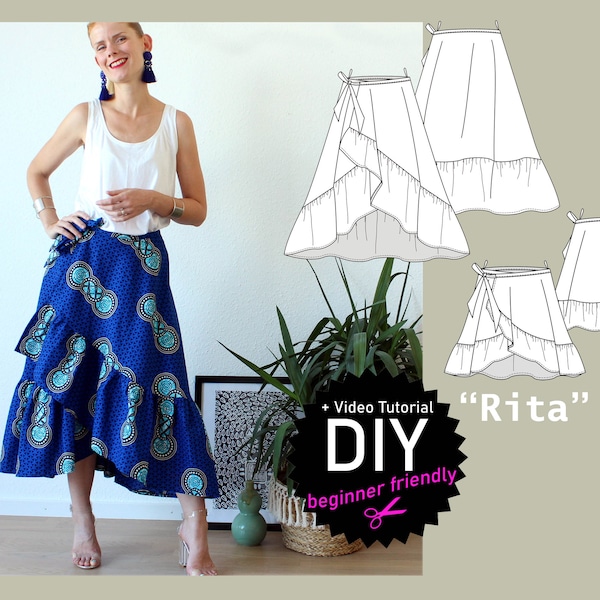 Flowing wrap skirt with ruffle "Rita" long or short with pockets digital pdf sewing pattern size US 6-26