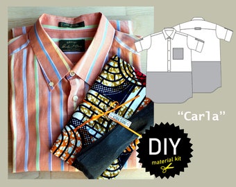 Unique and sustainable material kit including fabric and pattern for a cool upcycling shirt dress "Carla" size US 18-22