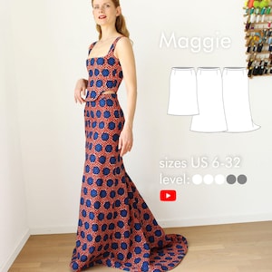Elegant mermaid skirt pattern in midi, maxi or train length "Maggie", pdf sewing pattern sizes US 6-32