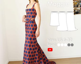 Elegant mermaid skirt pattern in midi, maxi or train length "Maggie", pdf sewing pattern sizes US 6-32