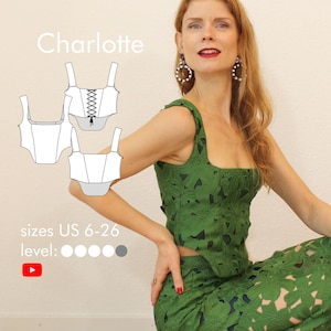 Corset sewing pattern with straps "Charlotte" with or without lacing, digital PDF pattern, size US 6-26