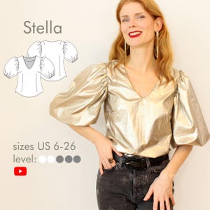Blouse met pofmouwen en V-hals "Stella" met vele variatiemogelijkheden. PDF-naaipatroon, digitaal, maten 34-54.
