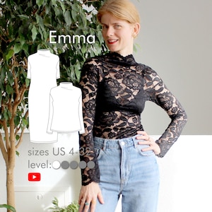 May include: A black long-sleeve top with a floral lace pattern and a high neckline. The image includes a white line drawing of the garment in two variations, the text Emma, sizes US 4-32, a level indicator, and a red YouTube play button icon.