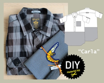 Sustainable material kit including fabric and pattern for a cool upcycling shirt dress "Carla" size US 12-16