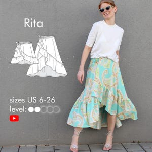 May include: A woman wearing a white top and a turquoise paisley print skirt with a ruffled hem. The skirt pattern is also shown in a diagram. Text on the image reads "Rita", "sizes US 6-26", and "level: ●○○○".
