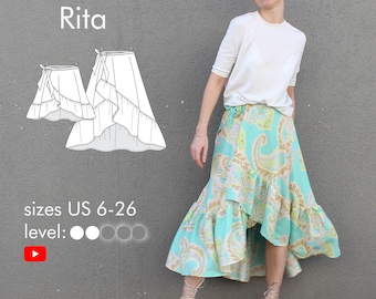 Flowing wrap skirt with ruffle "Rita" long or short with pockets digital pdf sewing pattern size XS-4XL (~US 4-34)