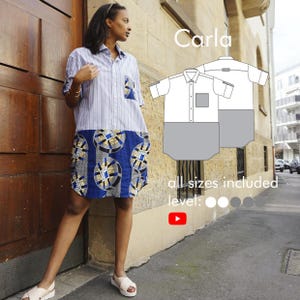 Upcycling shirt dress with material mix &quot;Carla&quot; with pockets PDF digital pattern for all sizes
