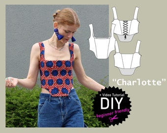 Corset sewing pattern with straps "Charlotte" with or without lacing, digital PDF pattern, size US 6-26