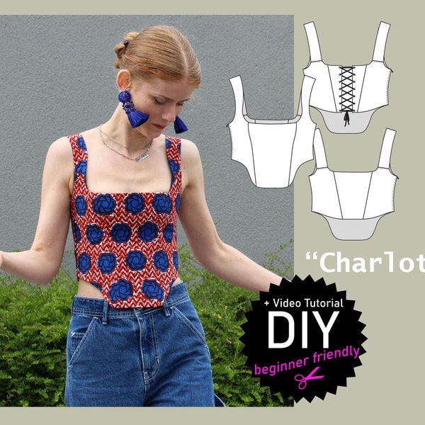 Corset sewing pattern with straps "Charlotte" with or without lacing, digital PDF pattern, size US 6-26