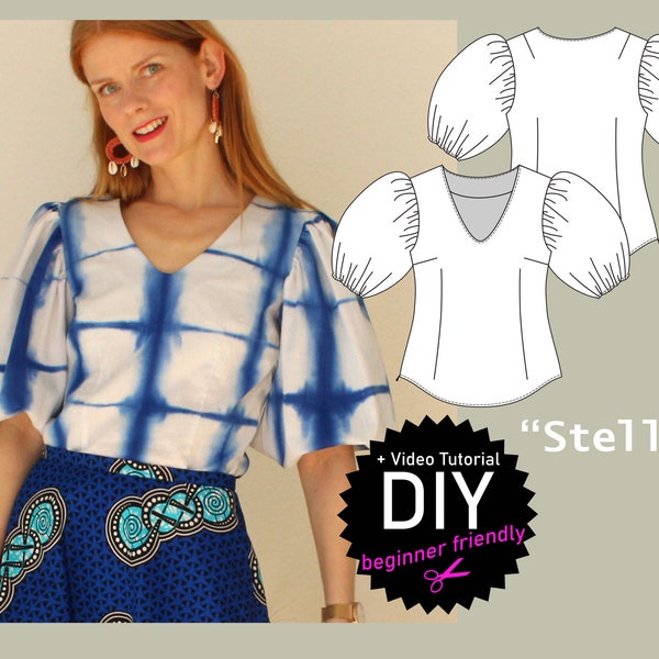 Blouse with puff sleeves and v neck "Stella" with many pattern hack options digital pdf sewing pattern size US 6-26