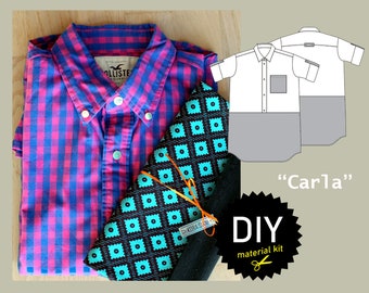 Unique and sustainable material kit including fabric and pattern for a cool upcycling shirt dress "Carla" size US 6-10