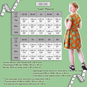 Op de afbeelding: Een vrouw in een groene jurk met oranje geometrische patronen. De afbeelding bevat een maattabel met afmetingen in meters en inches, en stofdetails. De jurk heeft korte mouwen en een uitlopende rok.