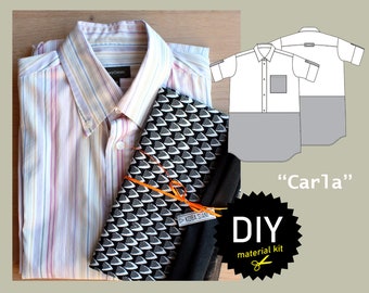 Unique and sustainable material kit including fabric and pattern for a cool upcycling shirt dress "Carla" size US 6-10