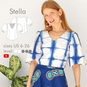 Blouse with puff sleeves and v neck &quot;Stella&quot; with many pattern hack options digital pdf sewing pattern size US 6-26