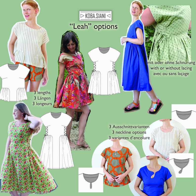 Op de afbeelding: Een collage met verschillende jurk- en topontwerpen. De afbeelding toont een blauwe jurk, een groene bloemenjurk en tops met verschillende patronen en halslijnen. Tekst bevat "Leah" opties, "3 lengtes" en "3 halslijnopties".
