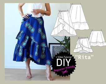 Wrap skirt sewing pattern, easy skirt sewing, flounce skirt sewing, women's skirt sewing pattern, beginner sewing pattern, summer skirt sewing