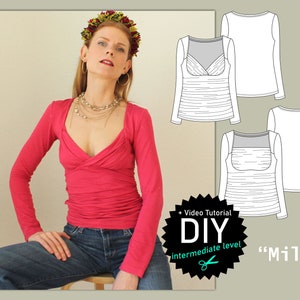 Elegant draped t shirt "Mila" with 2 neckline options digital pdf sewing pattern size US 6-26