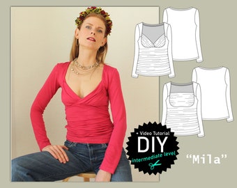 Elegantes drapiertes T Shirt nähen "Mila" UPDATE mit 2 Ausschnittvarianten PDF Schnittmuster digital mit Anleitung und Video Gr. 34-54