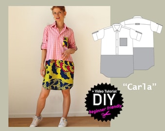 Upcycling shirt dress with material mix "Carla" with pockets PDF digital pattern for all sizes