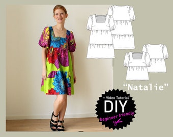 Cottagecore dress/ Top "Natalie" or top with square neck, puff sleeves, tiered skirt and pockets pdf digital sewing pattern size US 6-26