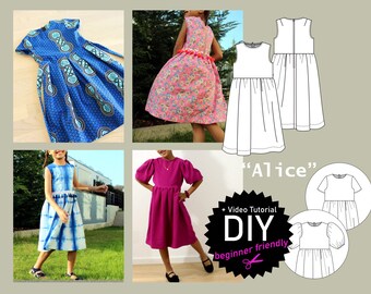 PDF sewing pattern for kids dress "Alice" for 1-10 y/o, german+ english with video